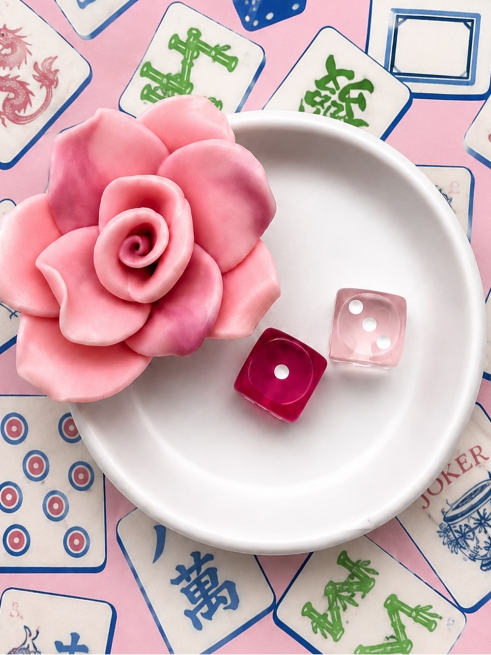 Mahjong Dice Dish with Pink Flower -  trinket Bundle for 25% off
